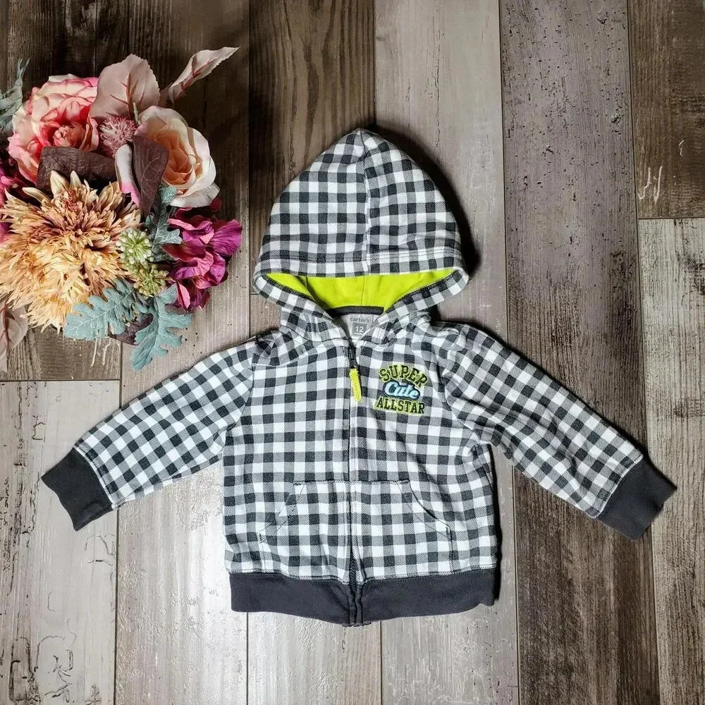 Carter's Gray and White Checkered Hooded Jacket Full Zip Baby Boy Size 12m EUC